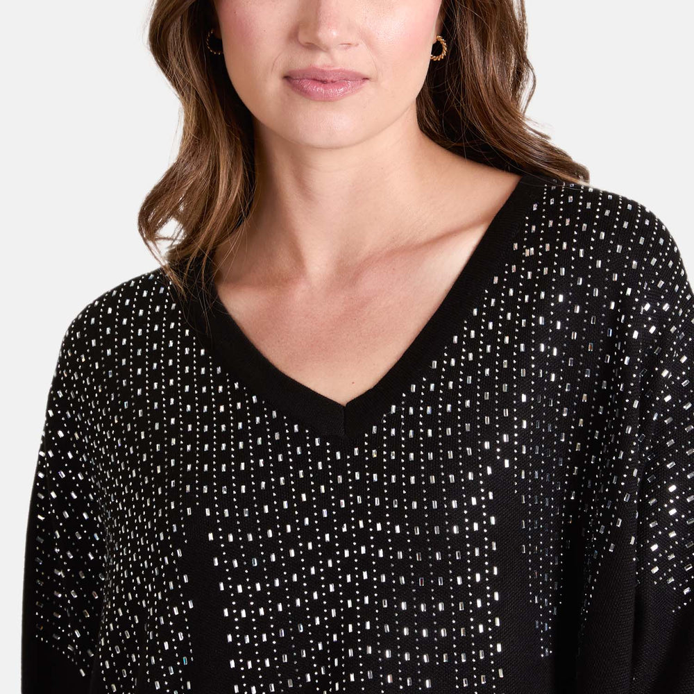 Chilli Charm Diamante V-Neck Relaxed Jumper (One Size) - Black_8064491_1