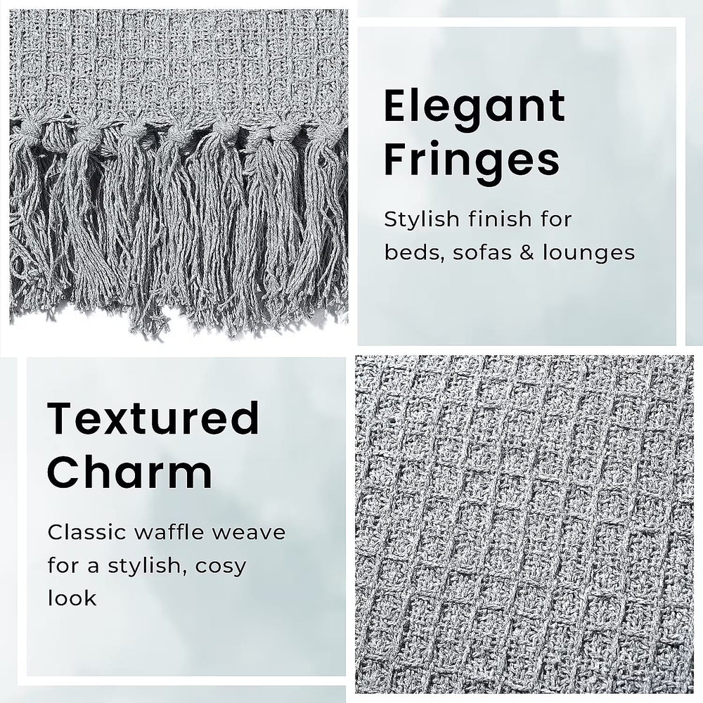 100% Cotton Waffle Throw Blanket with Fringes (180x130 cm) - Grey
