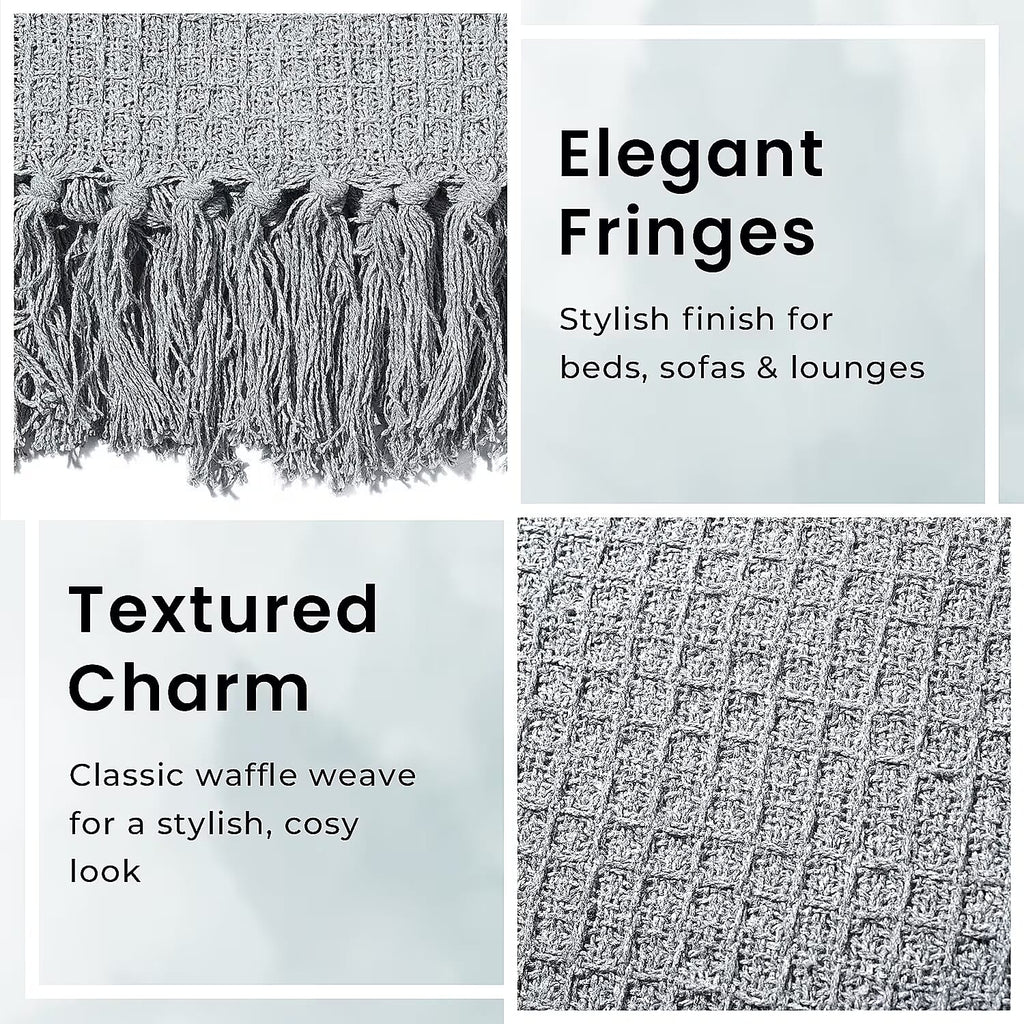 100% Cotton Waffle Throw Blanket with Fringes (180x130 cm) - Grey