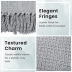 100% Cotton Waffle Throw Blanket with Fringes (180x130 cm) - Grey