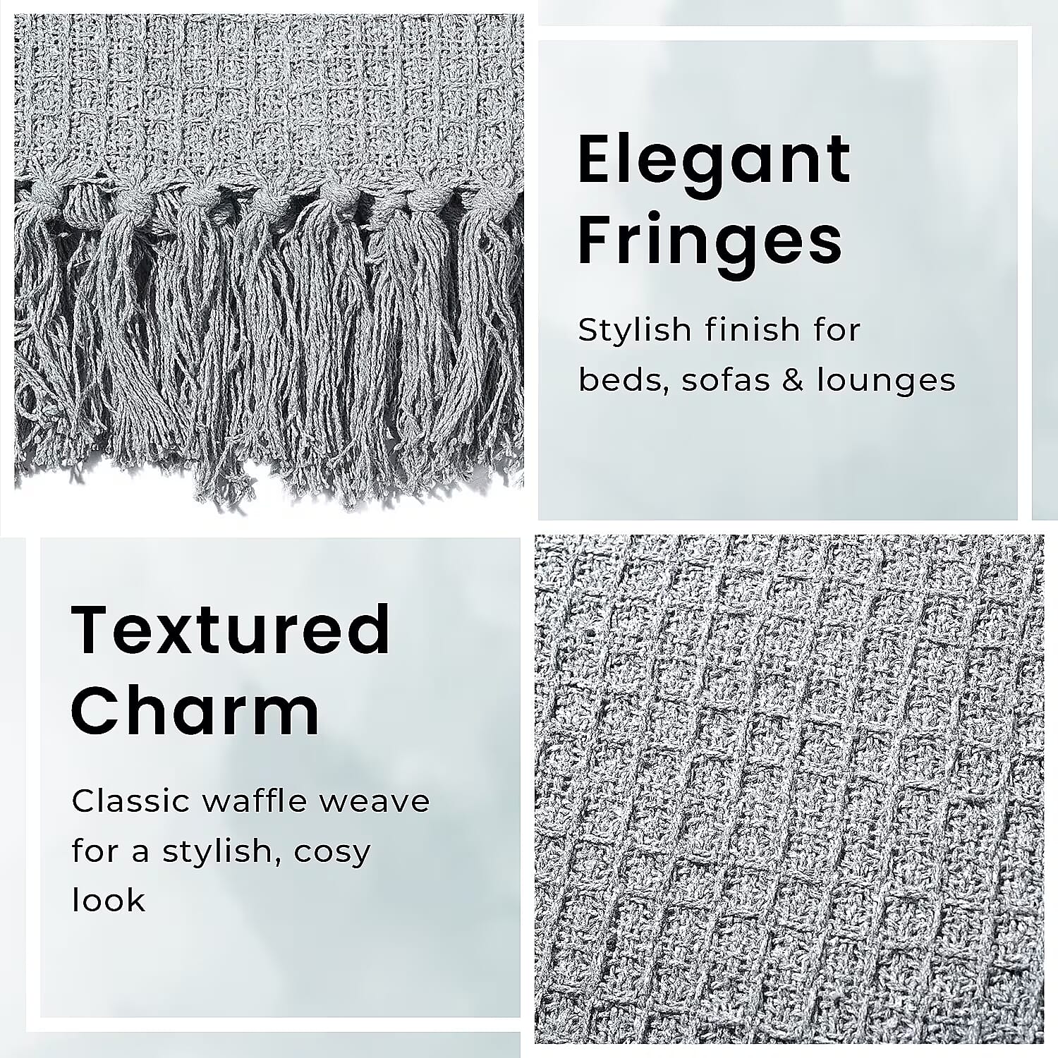 100% Cotton Waffle Throw Blanket with Fringes (180x130 cm) - Grey