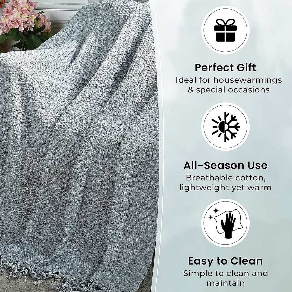 100% Cotton Waffle Throw Blanket with Fringes (180x130 cm) - Grey
