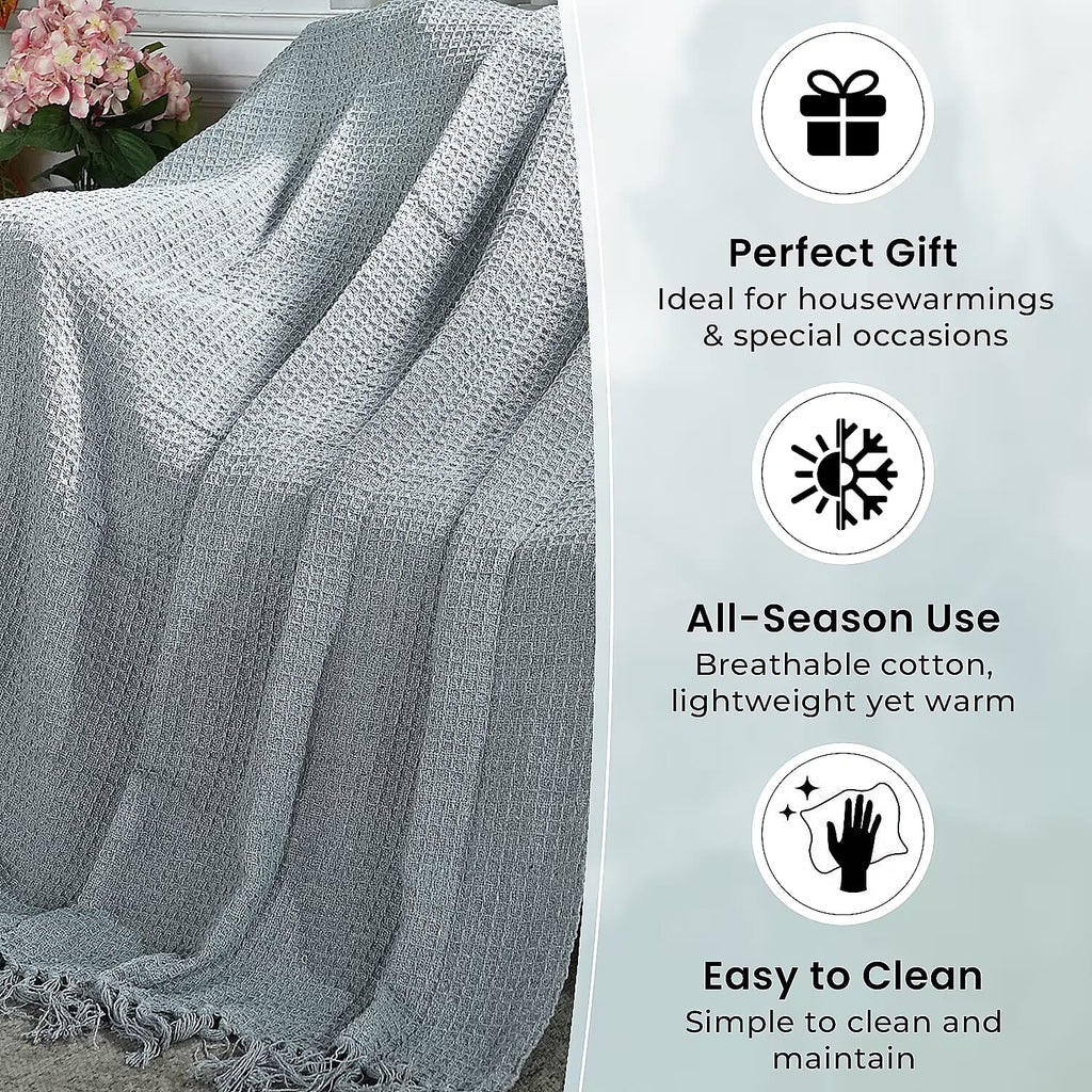 100% Cotton Waffle Throw Blanket with Fringes (180x130 cm) - Grey