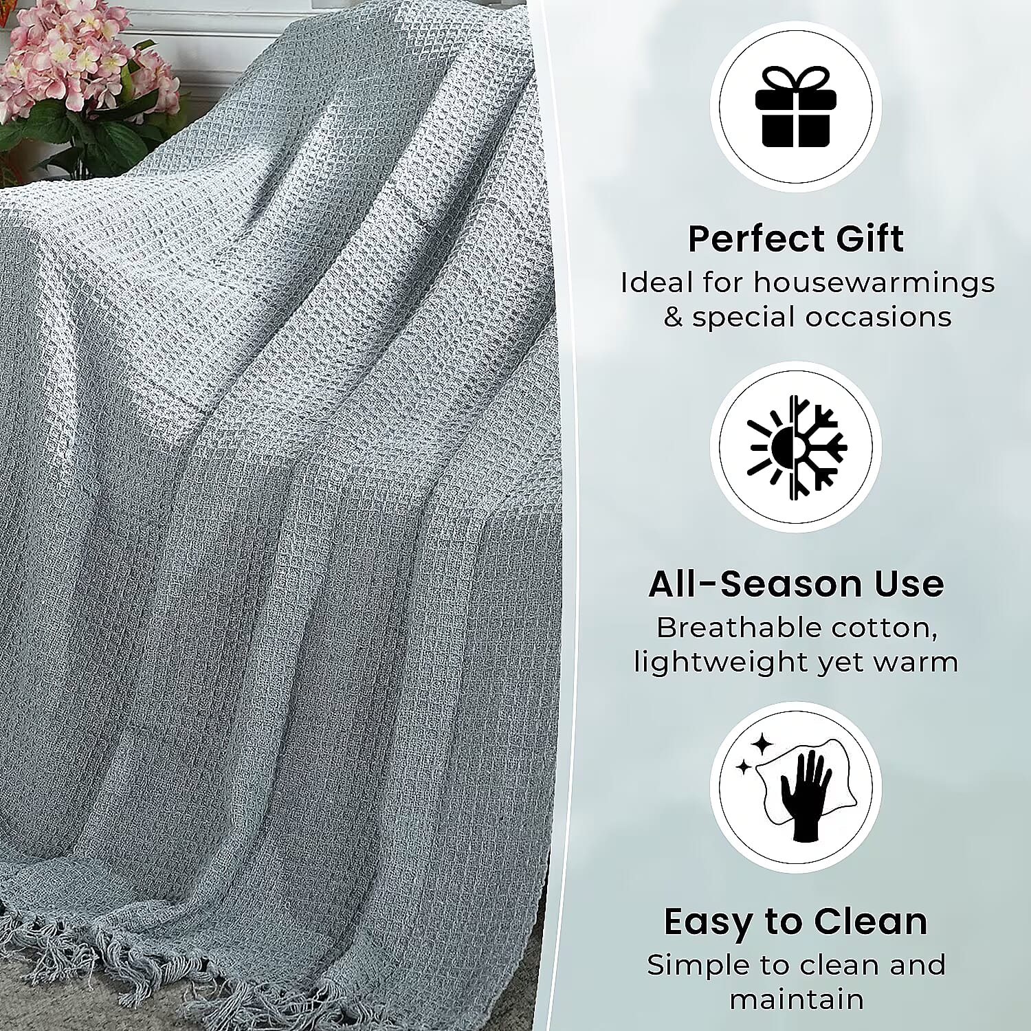 100% Cotton Waffle Throw Blanket with Fringes (180x130 cm) - Grey
