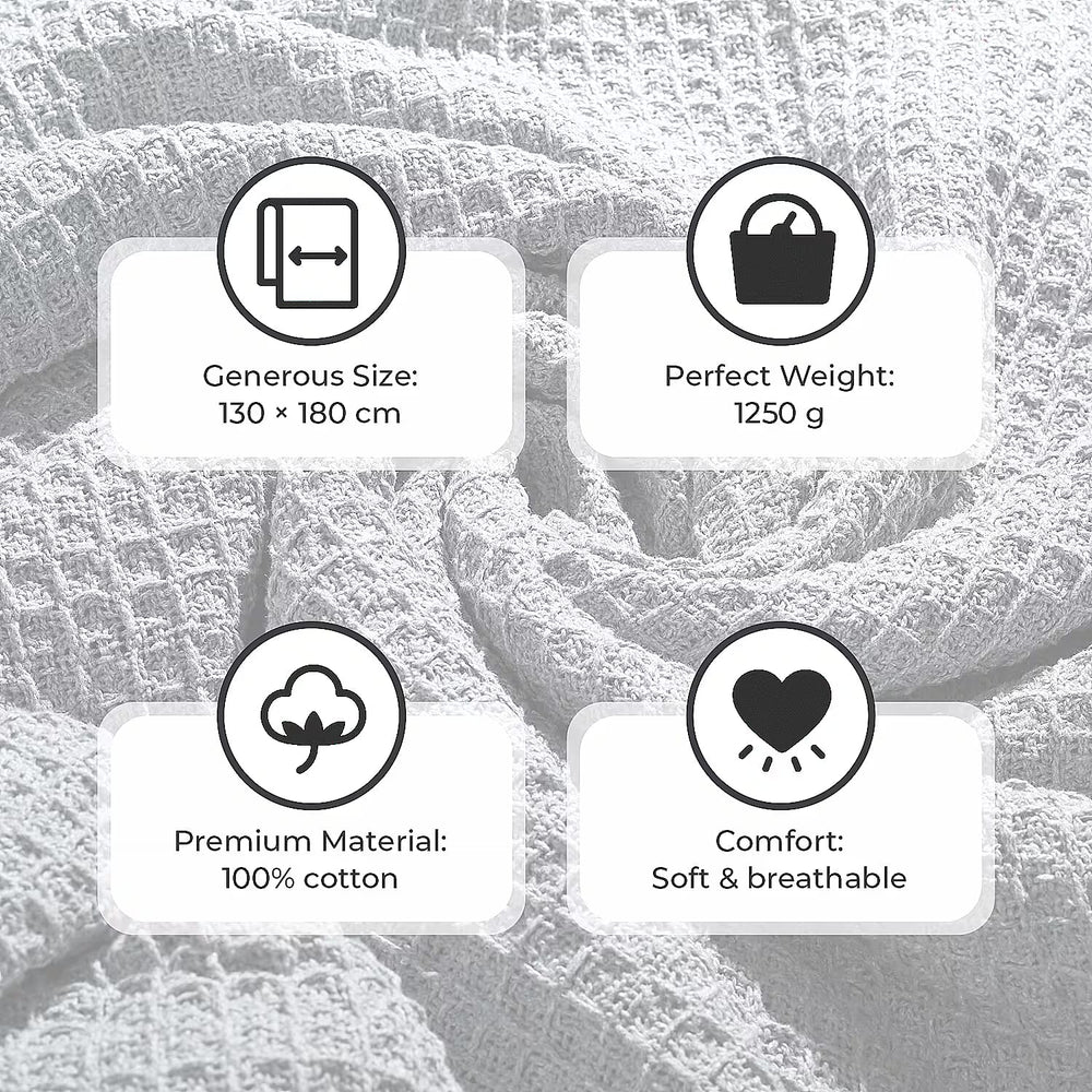 100% Cotton Waffle Throw Blanket with Fringes (180x130 cm) - Grey