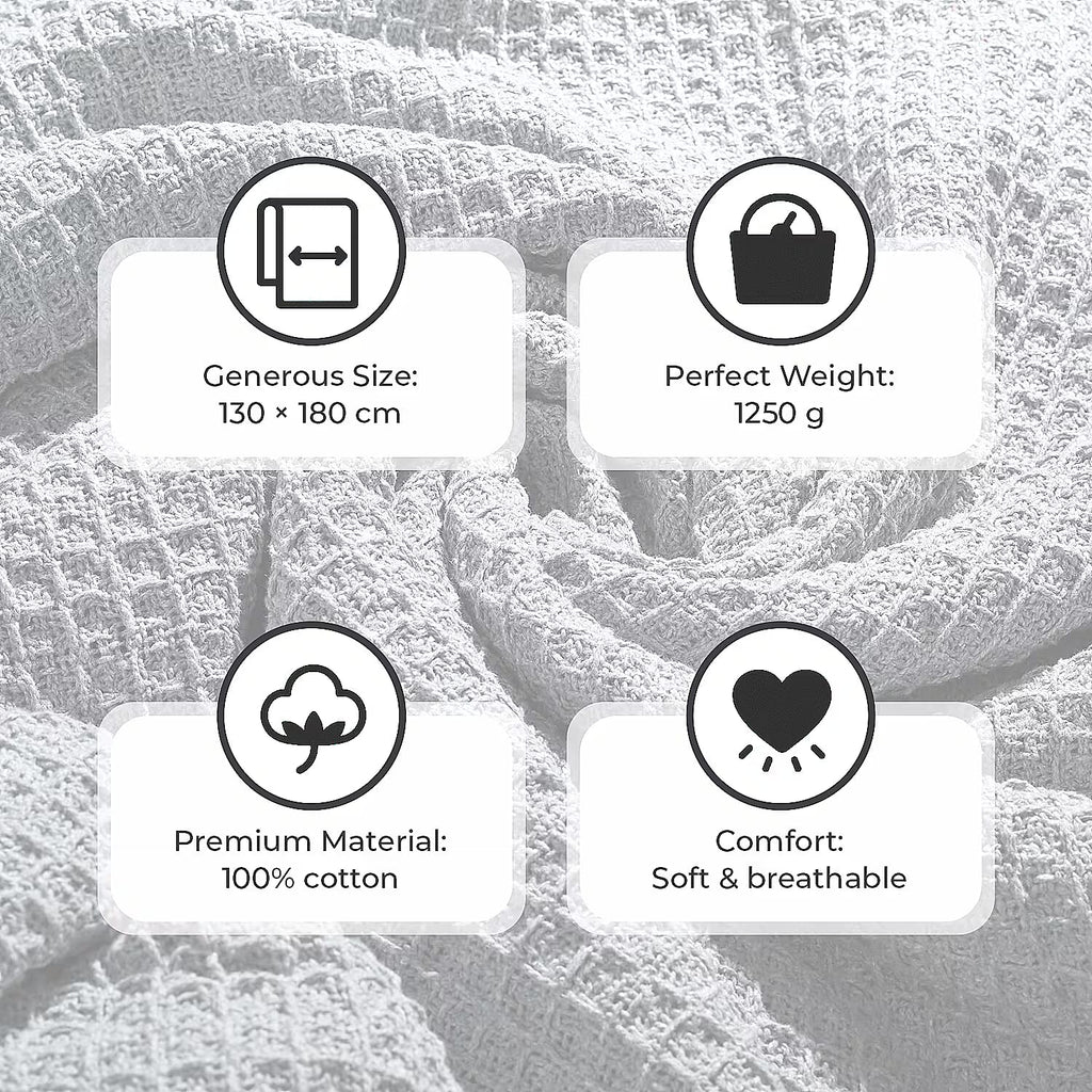 100% Cotton Waffle Throw Blanket with Fringes (180x130 cm) - Grey