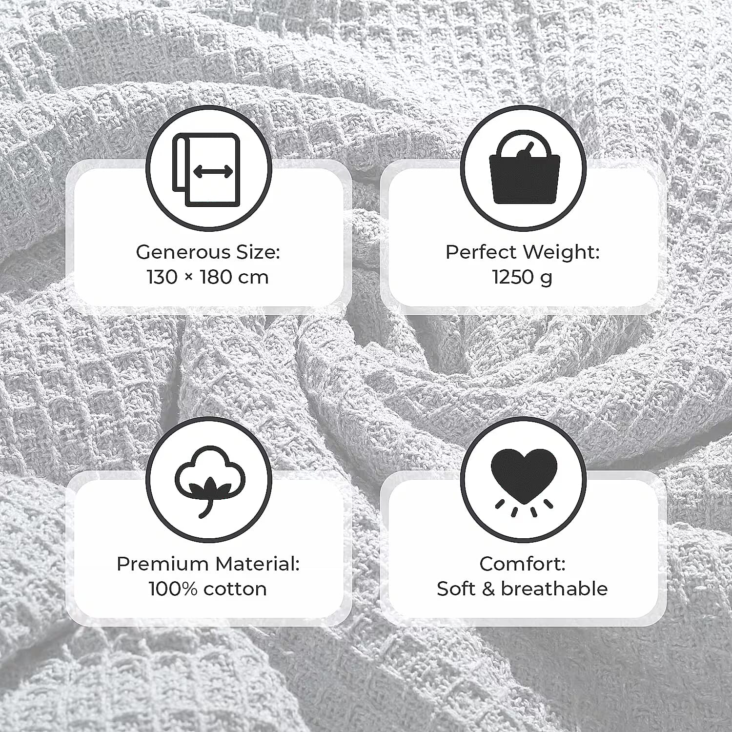 100% Cotton Waffle Throw Blanket with Fringes (180x130 cm) - Grey