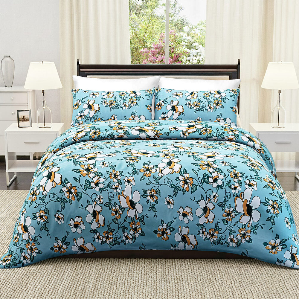Hush Heaven 3-Piece Floral Print Duvet Set with Pillow Covers - Storage Bag (Size Double) - Blue