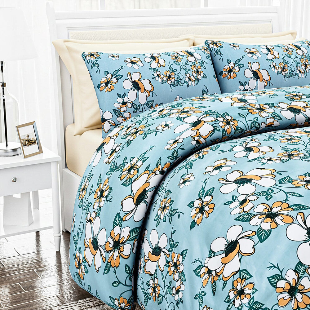 Hush Heaven 3-Piece Floral Print Duvet Set with Pillow Covers - Storage Bag (Size Double) - Blue