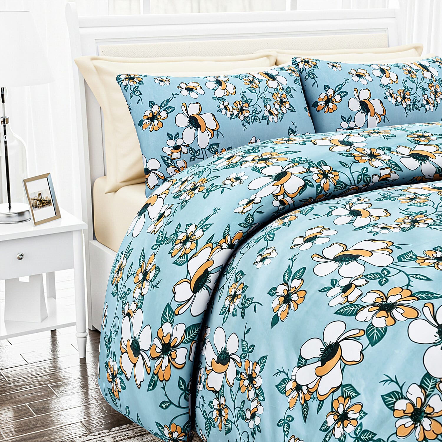 Hush Heaven 3-Piece Floral Print Duvet Set with Pillow Covers - Storage Bag (Size Double) - Blue