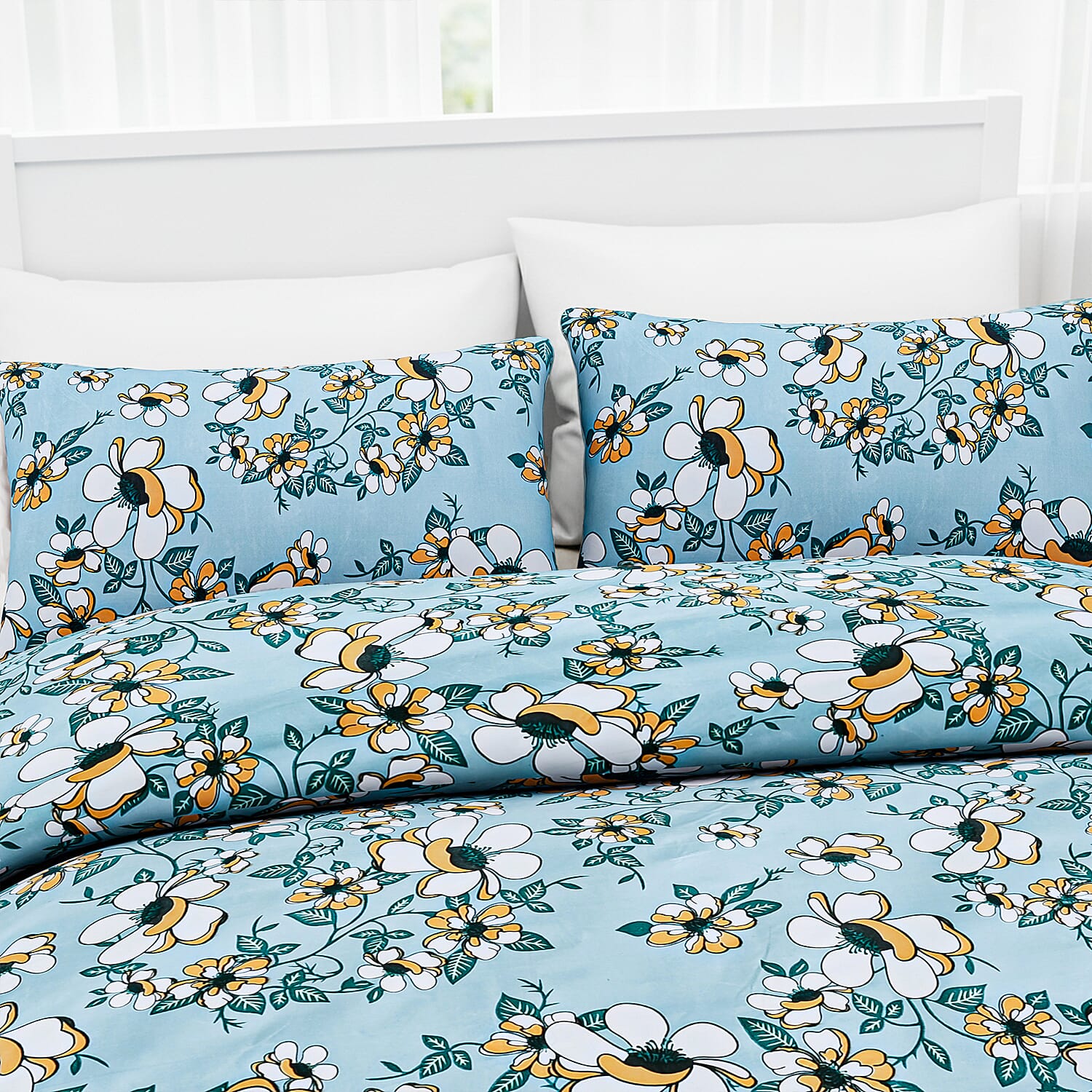 Hush Heaven 3-Piece Floral Print Duvet Set with Pillow Covers - Storage Bag (Size Double) - Blue