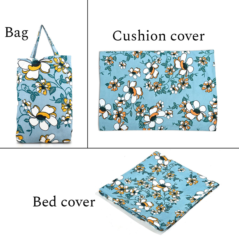 Hush Heaven 3-Piece Floral Print Duvet Set with Pillow Covers - Storage Bag (Size Double) - Blue