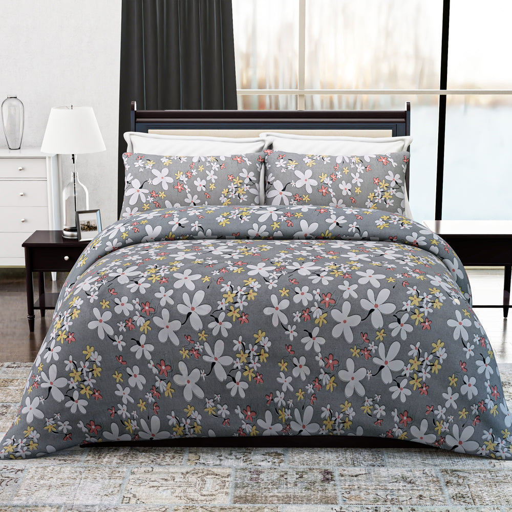 Homesmart 3-Piece Floral Print Duvet Set with Pillow Covers & Storage Bag (Size Double) - Grey_8083257