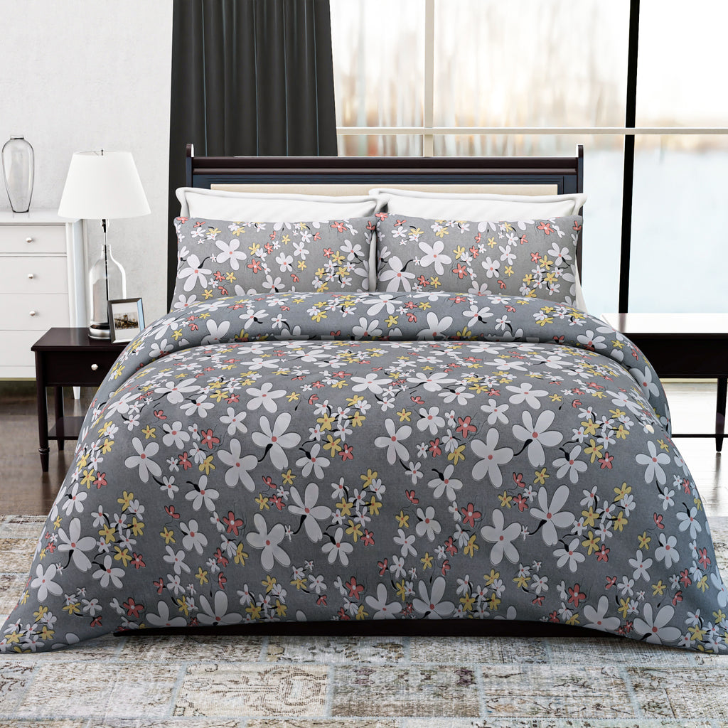 Homesmart 3-Piece Floral Print Duvet Set with Pillow Covers & Storage Bag (Size Double) - Grey_8083257