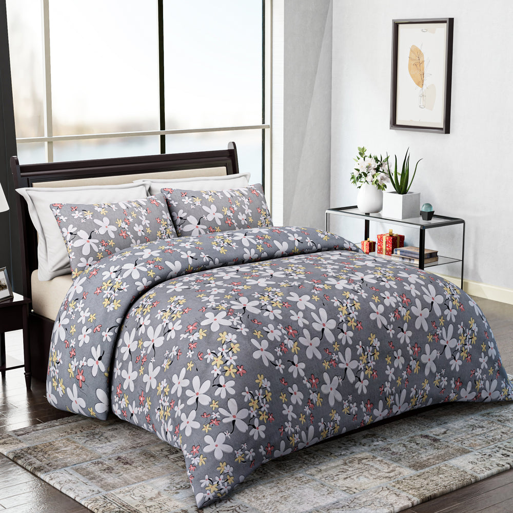 Homesmart 3-Piece Floral Print Duvet Set with Pillow Covers & Storage Bag (Size Double) - Grey_8083257_1