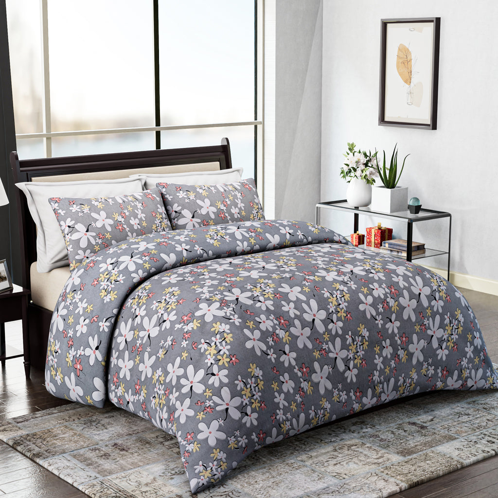 Homesmart 3-Piece Floral Print Duvet Set with Pillow Covers & Storage Bag (Size Double) - Grey_8083257_1