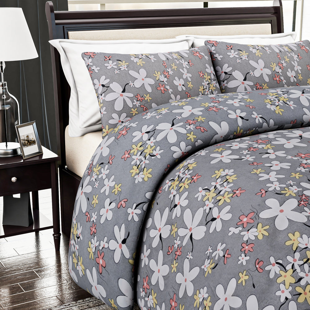 Homesmart 3-Piece Floral Print Duvet Set with Pillow Covers & Storage Bag (Size Double) - Grey_8083257_2