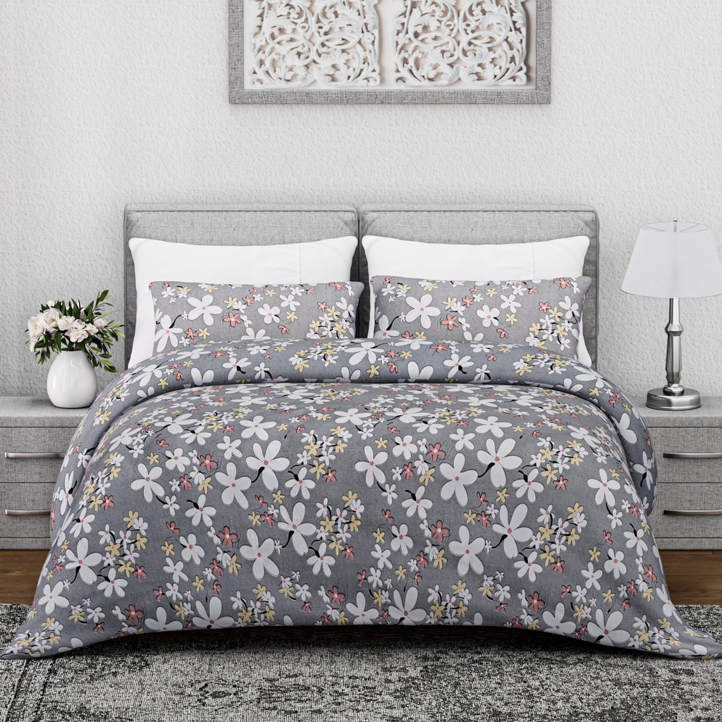 Homesmart 3-Piece Floral Print Duvet Set with Pillow Covers & Storage Bag (Size King) - Grey_8083341