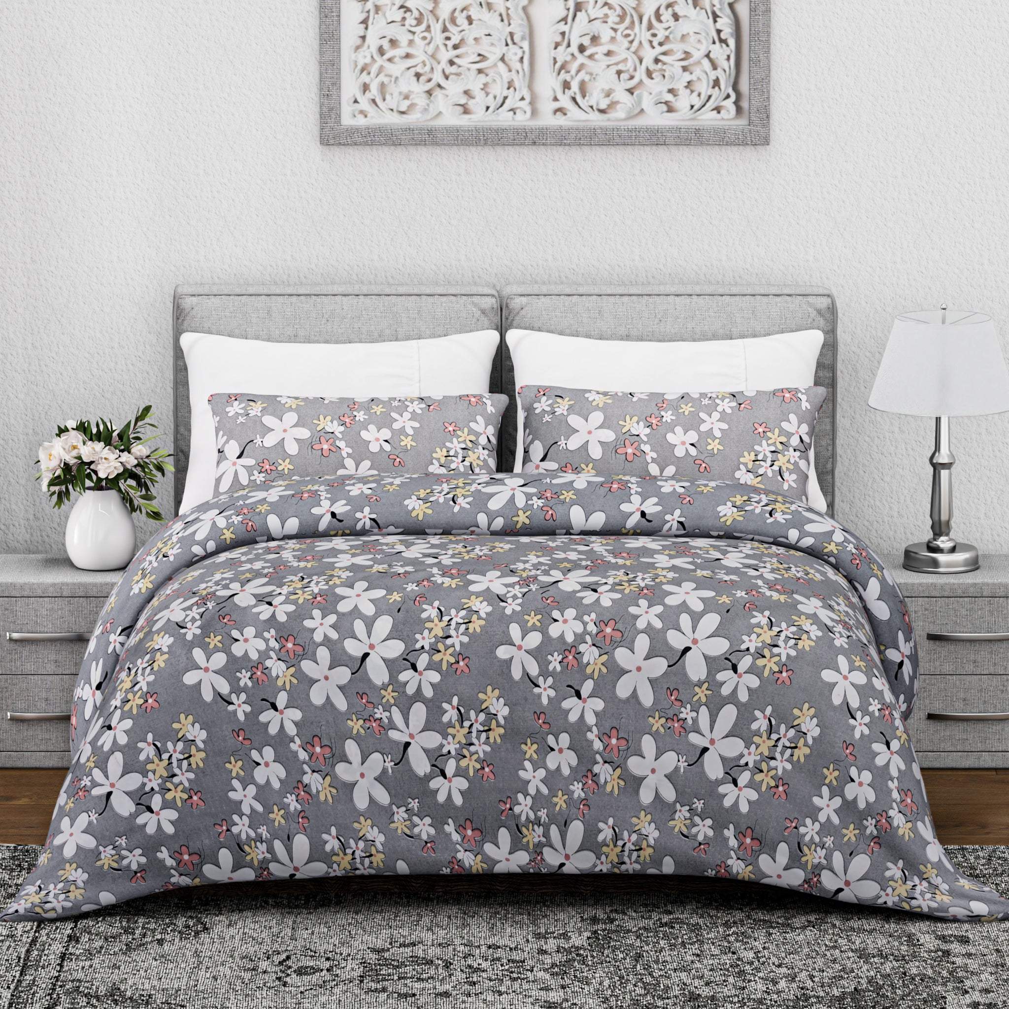 Homesmart 3-Piece Floral Print Duvet Set with Pillow Covers & Storage Bag (Size King) - Grey_8083341