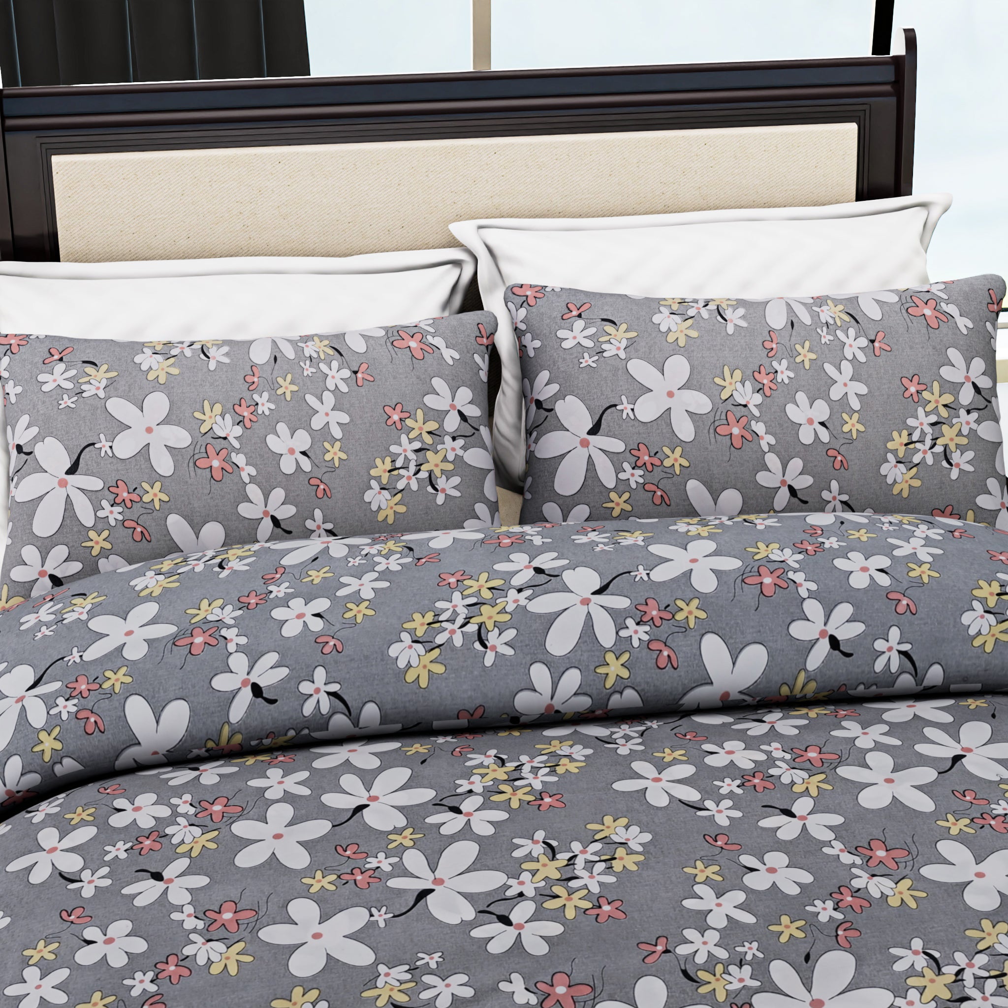 Homesmart 3-Piece Floral Print Duvet Set with Pillow Covers & Storage Bag (Size King) - Grey_8083341_4