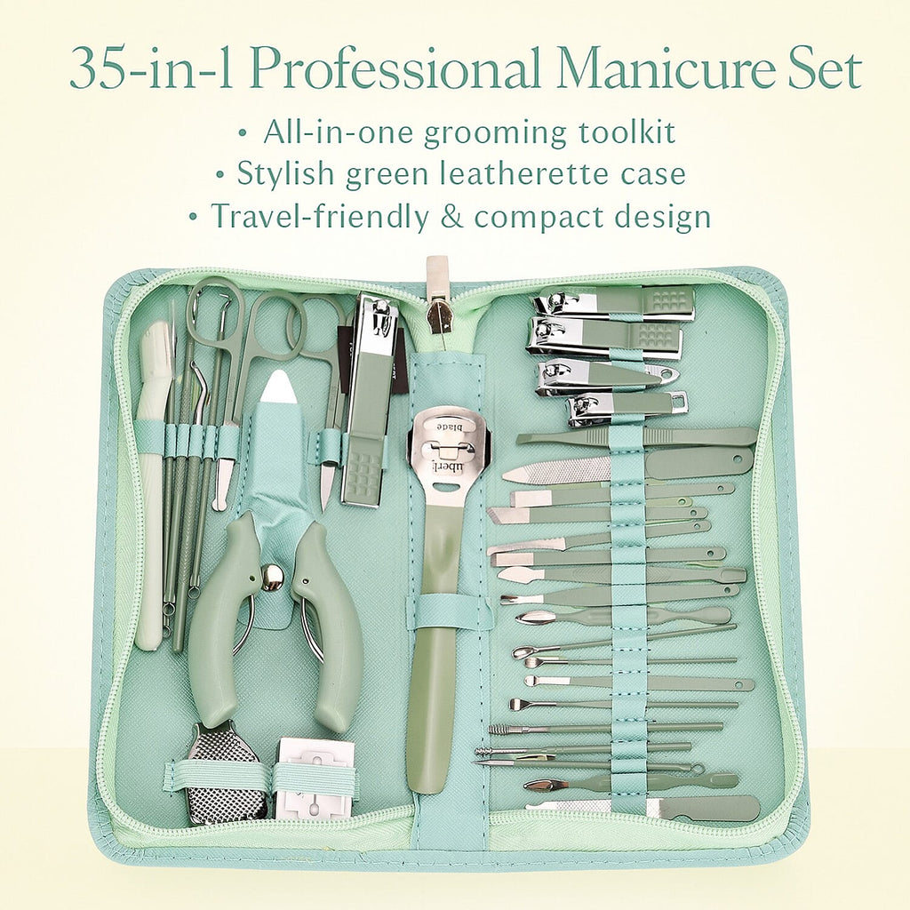 35-in-1 Manicure Set - Multi- Functional Toolkit- Includes, Clippers, Beauty Scissors, Cuticle Knife, Nail File and more - Green