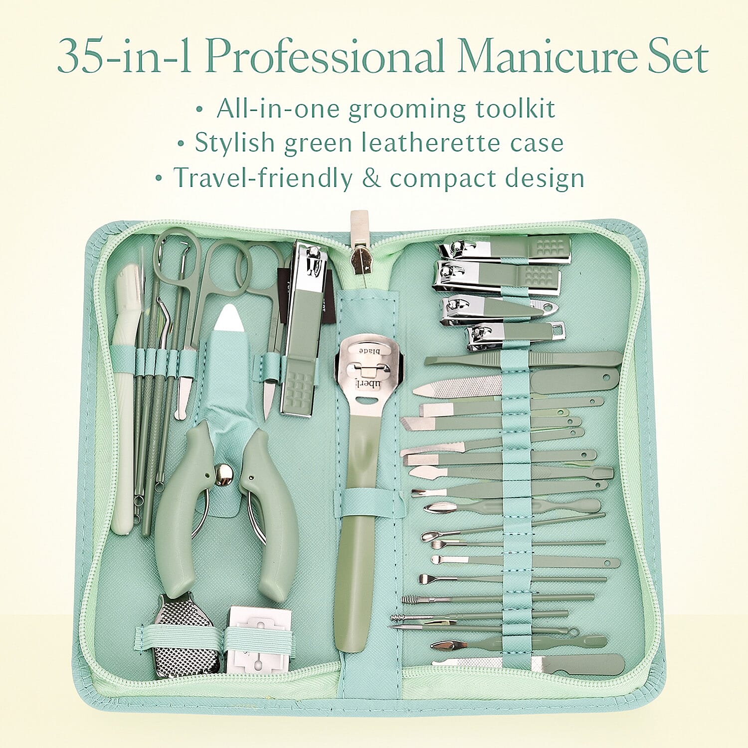 35-in-1 Manicure Set - Multi- Functional Toolkit- Includes, Clippers, Beauty Scissors, Cuticle Knife, Nail File and more - Green
