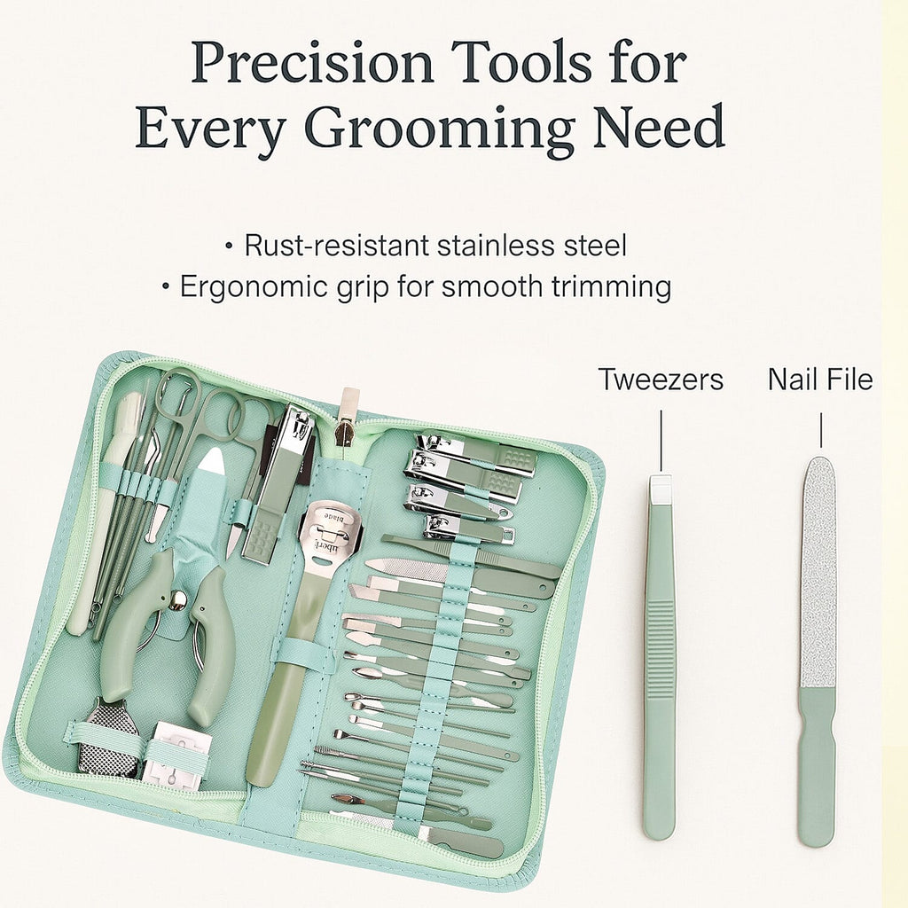 35-in-1 Manicure Set - Multi- Functional Toolkit- Includes, Clippers, Beauty Scissors, Cuticle Knife, Nail File and more - Green