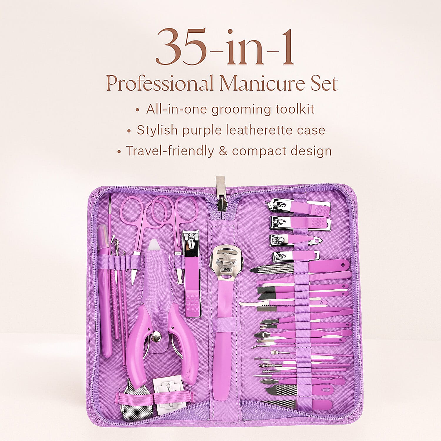 35-in-1 Manicure Set - Multi- Functional Toolkit- Includes, Clippers, Beauty Scissors, Cuticle Knife, Nail File and more - Purple