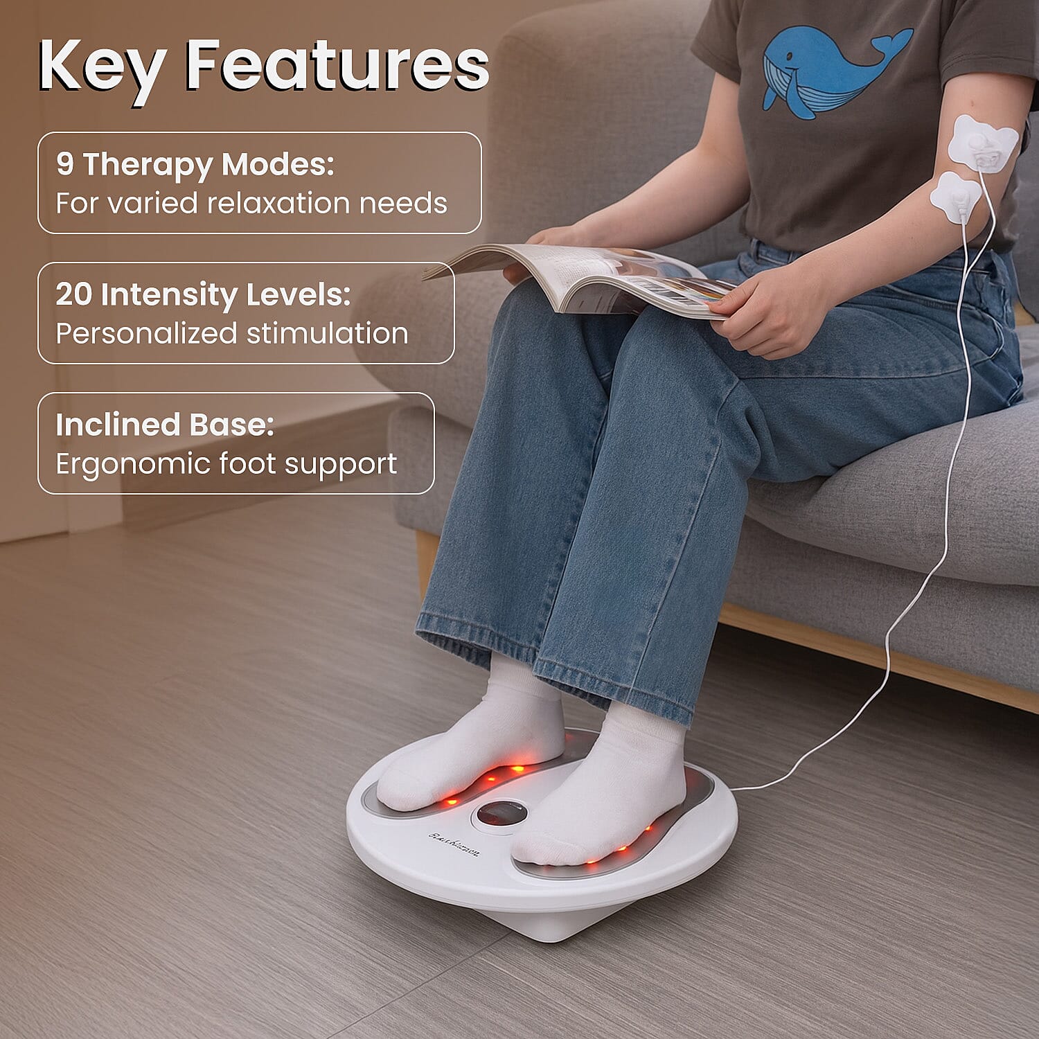 LOWEST EVER PRICE - Bliss - Beyond EMS and TENS, Red Light Therapy Heating Foot Massager (9 Modes, 20 Intensity Levels), Including Electrode Pads - White