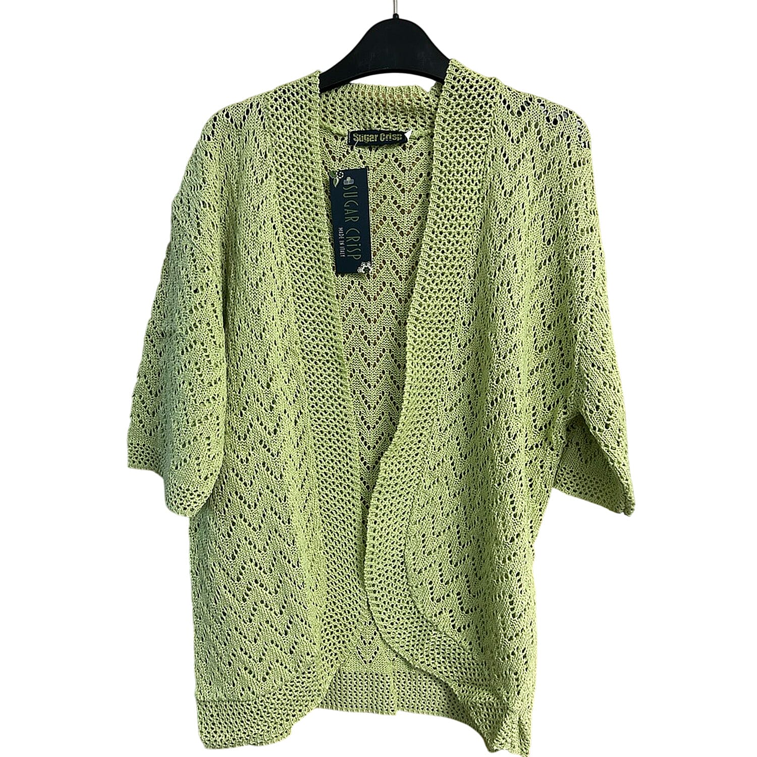 Sugar Crisp Cotton Open Knit Short Sleeve Bolero Cardigan (Size L) - Lime