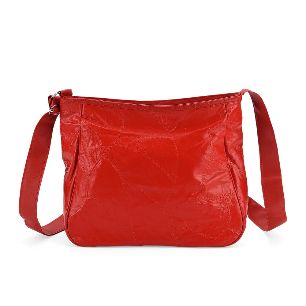 Patchwork Genuine Leather Crossbody Bag with Adjustable Shoulder Strap (125cm) - Red_8087717