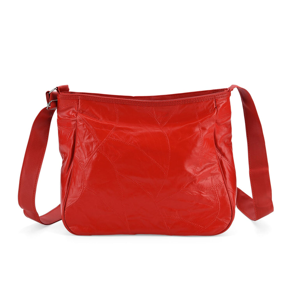 Patchwork Genuine Leather Crossbody Bag with Adjustable Shoulder Strap (125cm) - Red_8087717