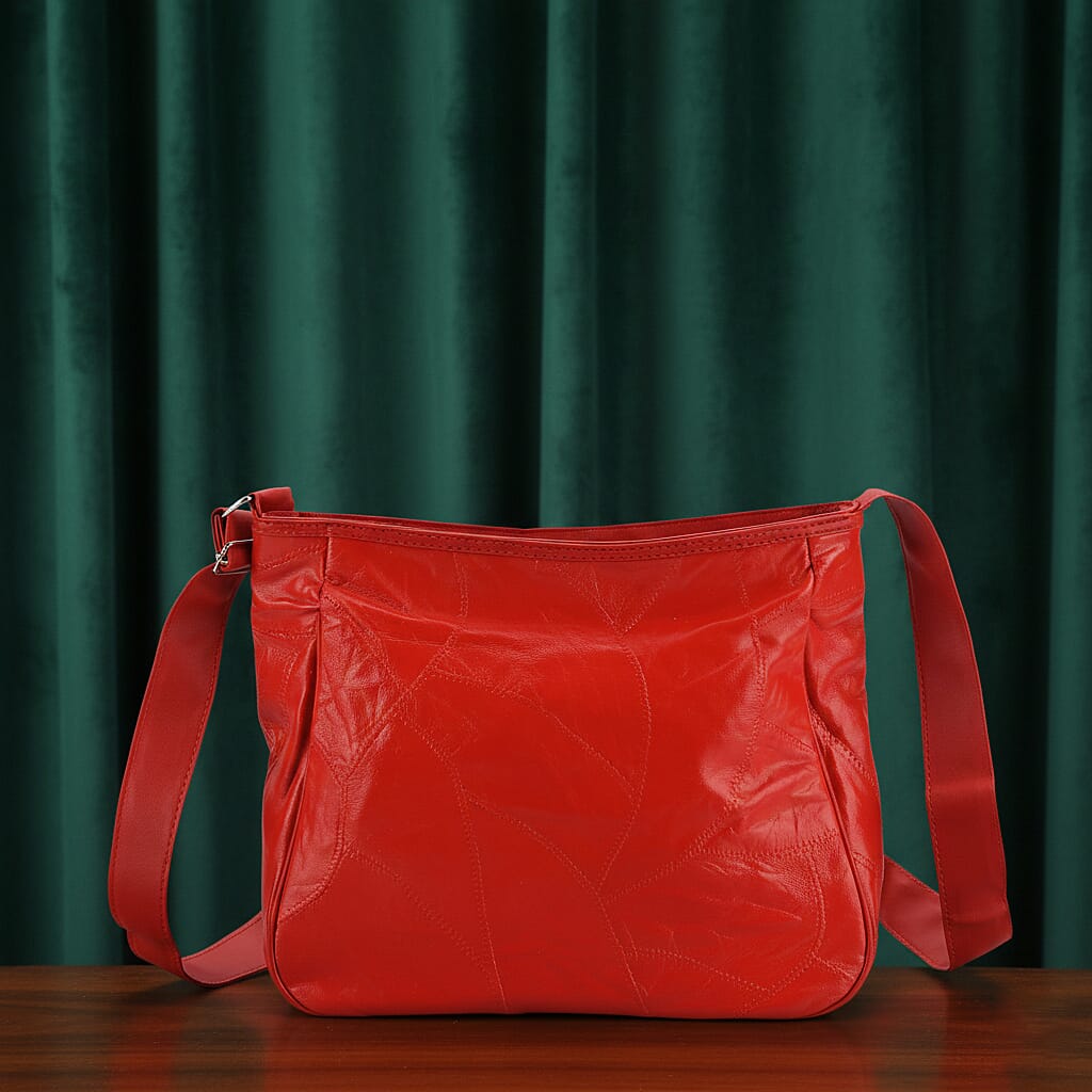 Patchwork Genuine Leather Crossbody Bag with Adjustable Shoulder Strap (125cm) - Red_8087717_1