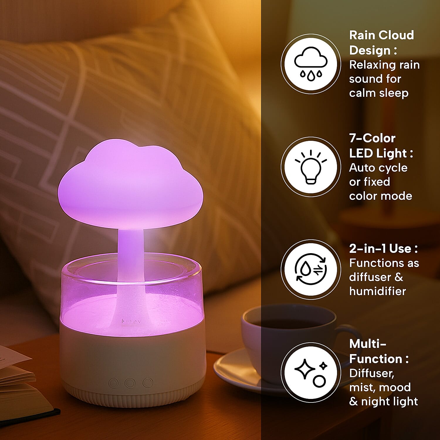 Homesmart Rainy Cloudy Humidifier with 7-Color LED Light - Including 10 Essential Oils  - White Aroma Diffuser
