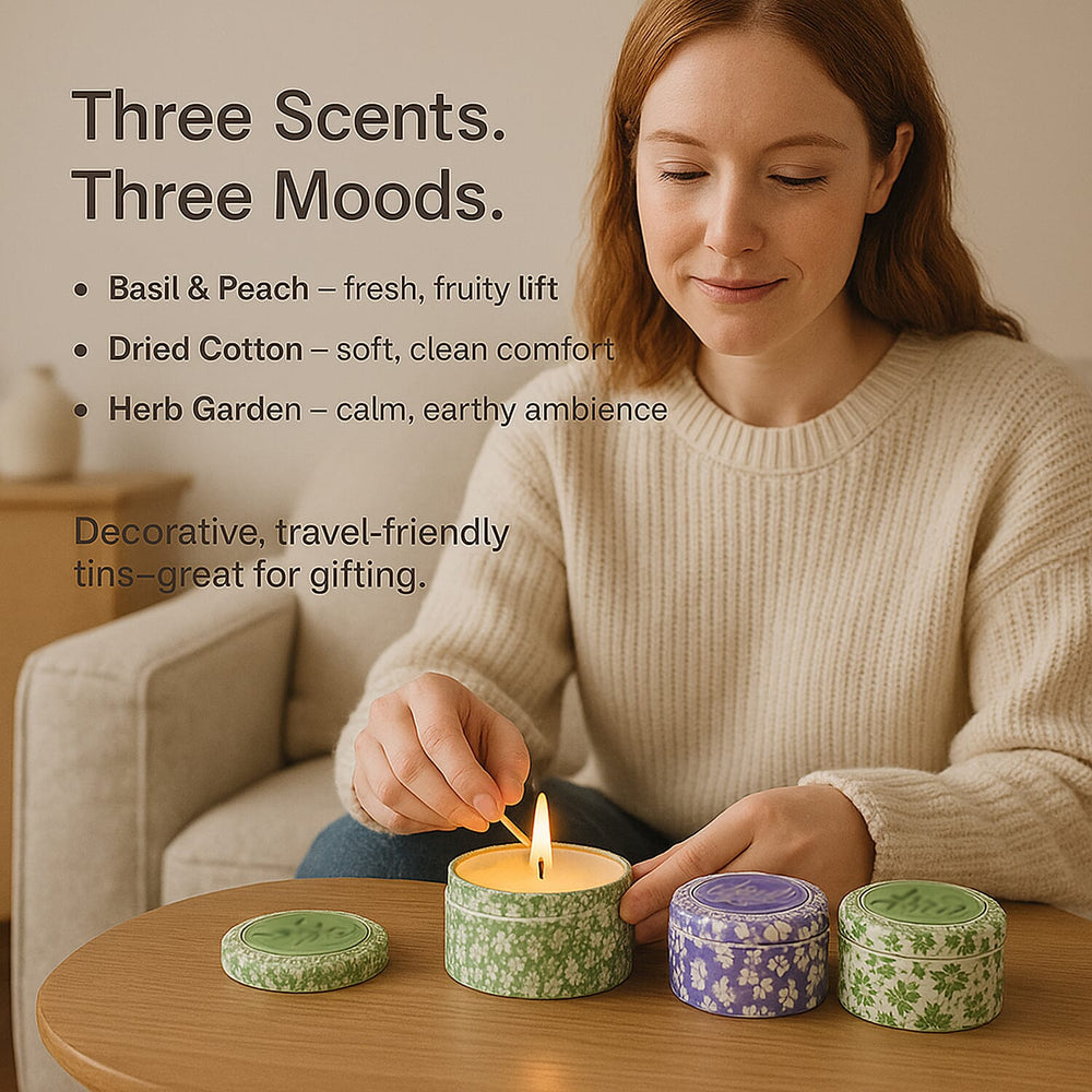 Set of 3 Scented Candles in Tins - Basil & Peach, Dried Cotton, Herb Garden