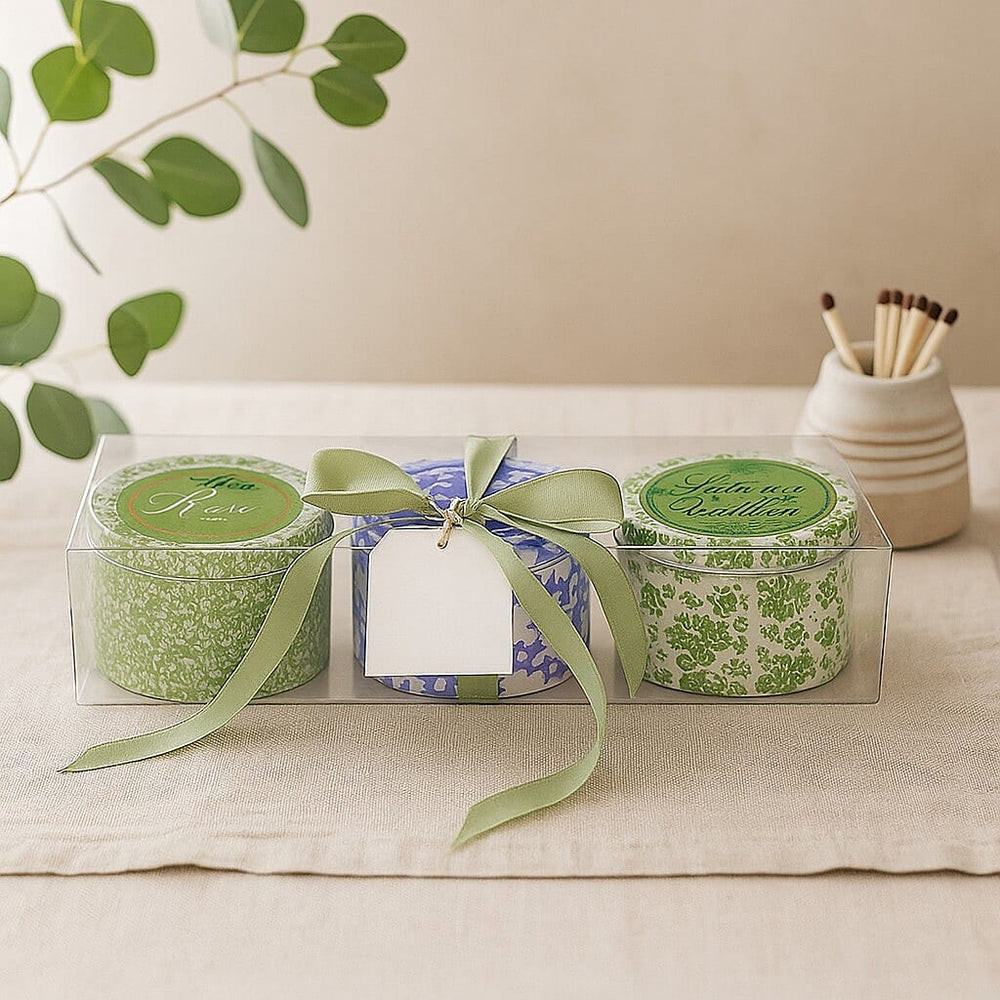 Set of 3 Scented Candles in Tins - Basil & Peach, Dried Cotton, Herb Garden