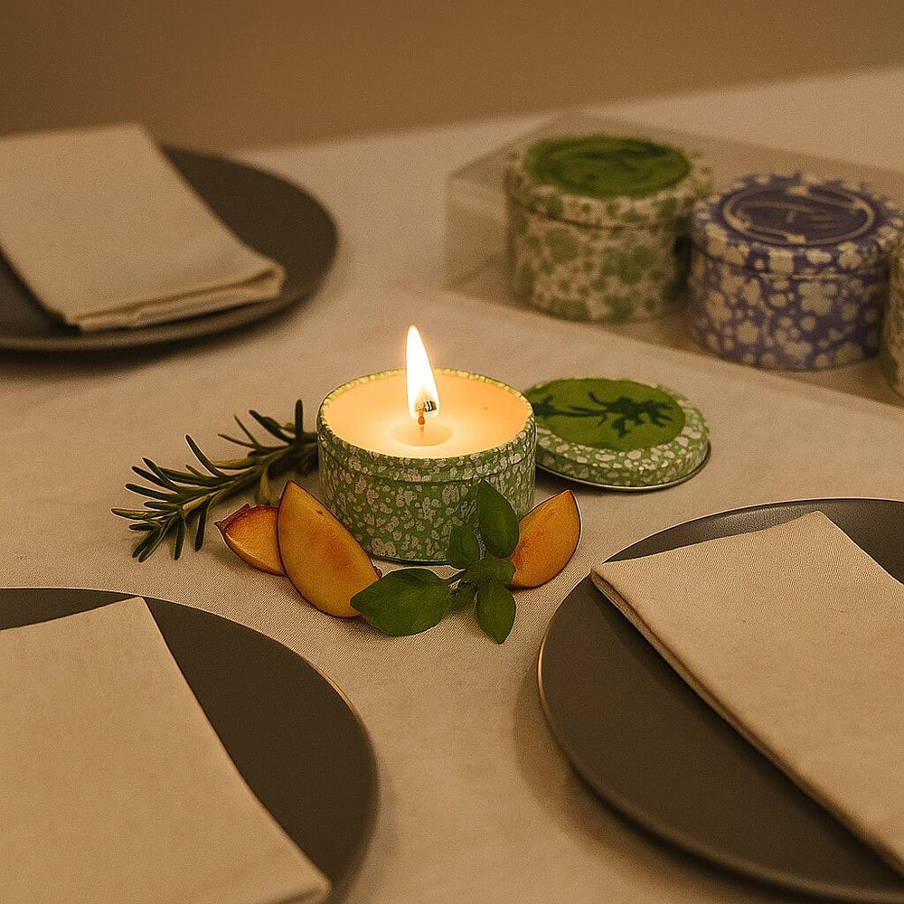 Set of 3 Scented Candles in Tins - Basil & Peach, Dried Cotton, Herb Garden