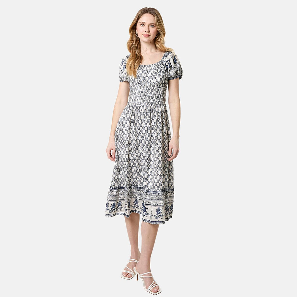 Chilli Charm Linen Bland Border Print Puff Sleeve Midi Dress (Size L) - Navy