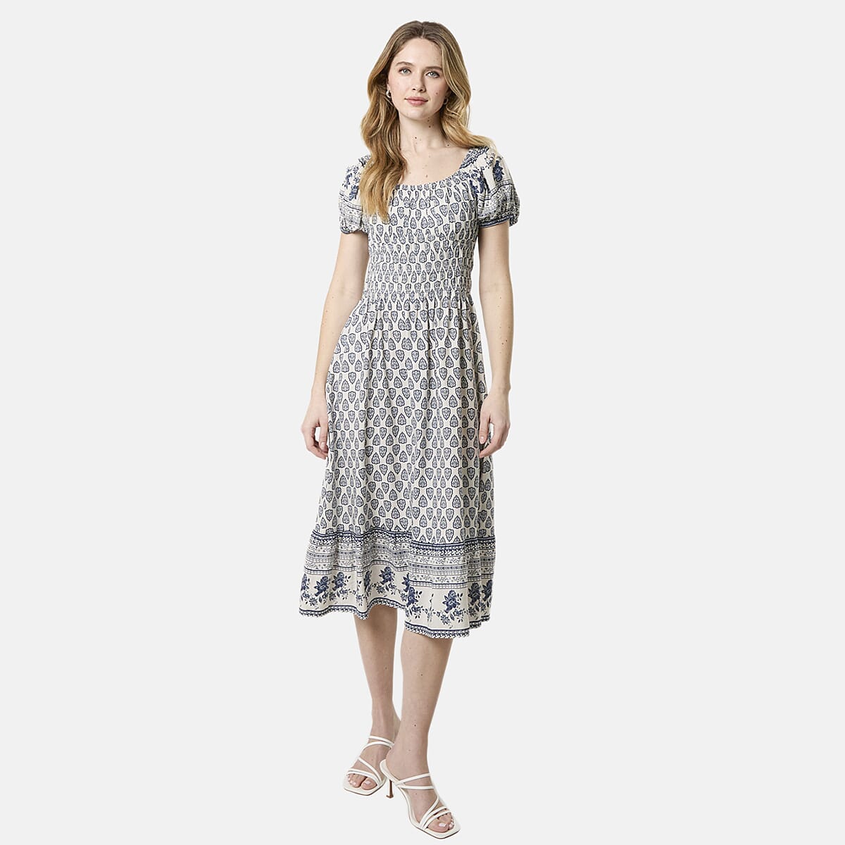 Chilli Charm Linen Bland Border Print Puff Sleeve Midi Dress (Size L) - Navy