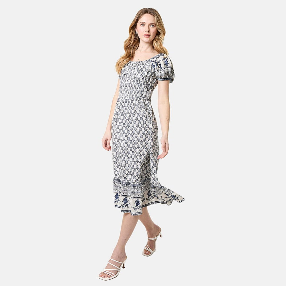 Chilli Charm Linen Bland Border Print Puff Sleeve Midi Dress (Size L) - Navy