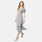 Chilli Charm Linen Bland Border Print Puff Sleeve Midi Dress (Size L) - Navy