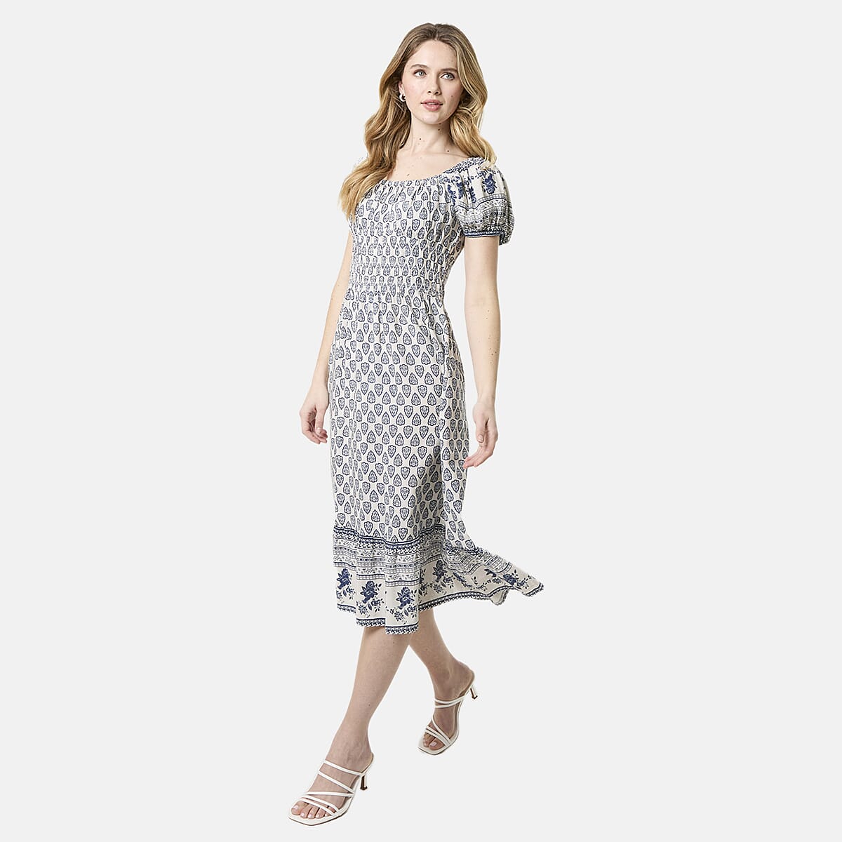 Chilli Charm Linen Bland Border Print Puff Sleeve Midi Dress (Size L) - Navy