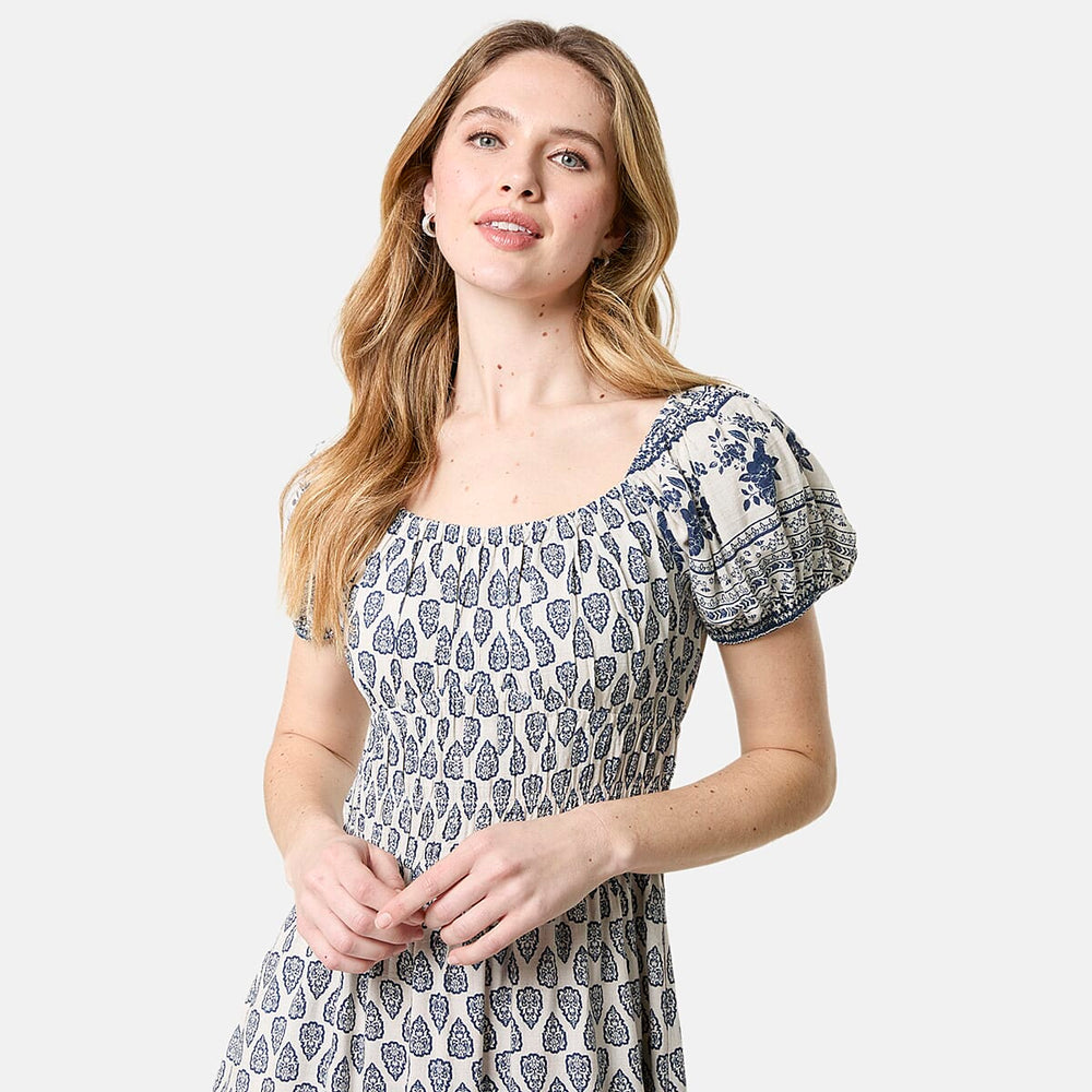Chilli Charm Linen Bland Border Print Puff Sleeve Midi Dress (Size L) - Navy