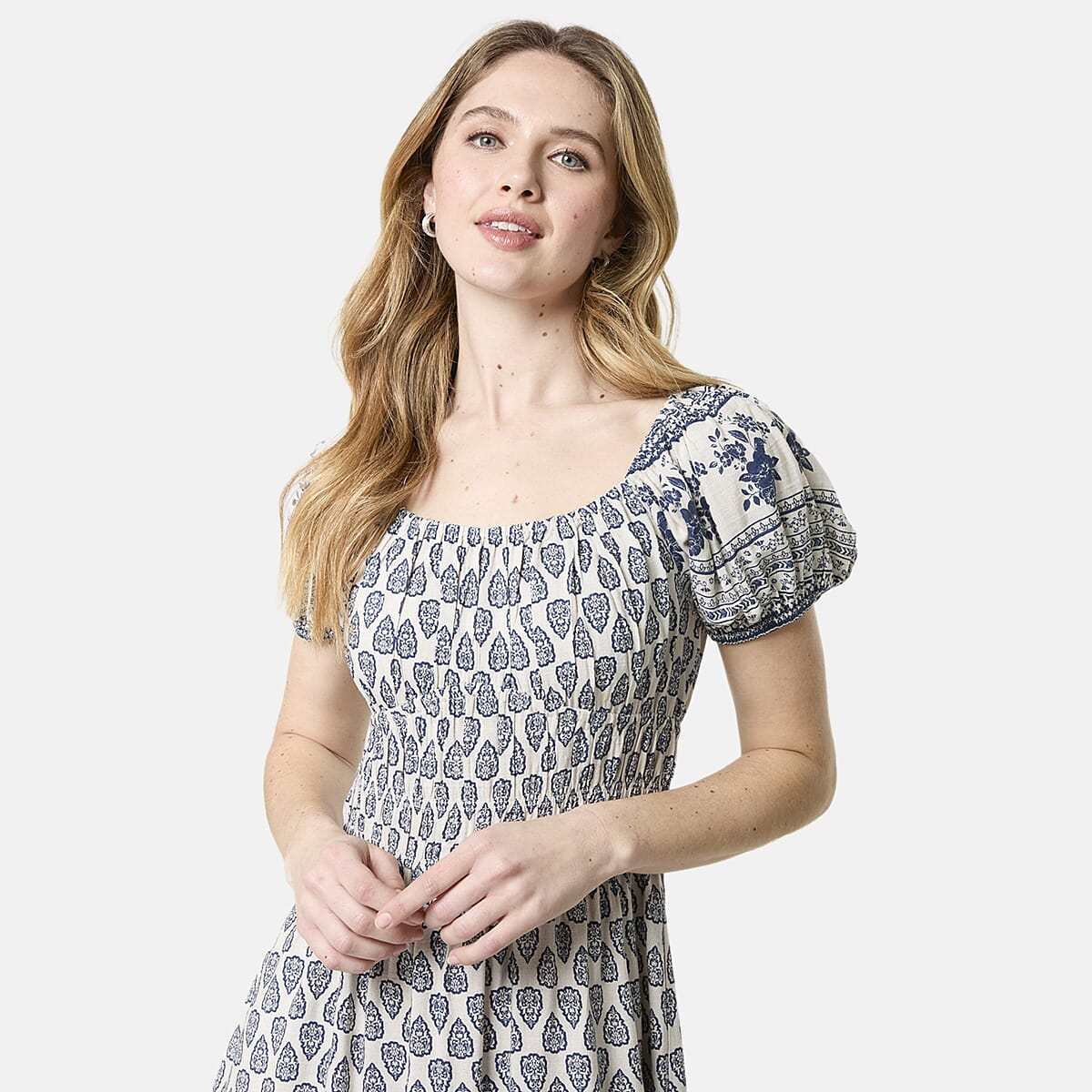 Chilli Charm Linen Bland Border Print Puff Sleeve Midi Dress (Size L) - Navy