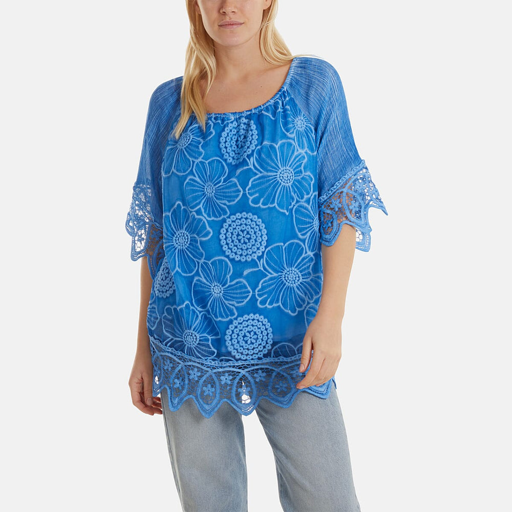 WildFlower Bardot Cold Wash Floral Off Shoulder Lace Tunic Top(Size S-M) - Aqua