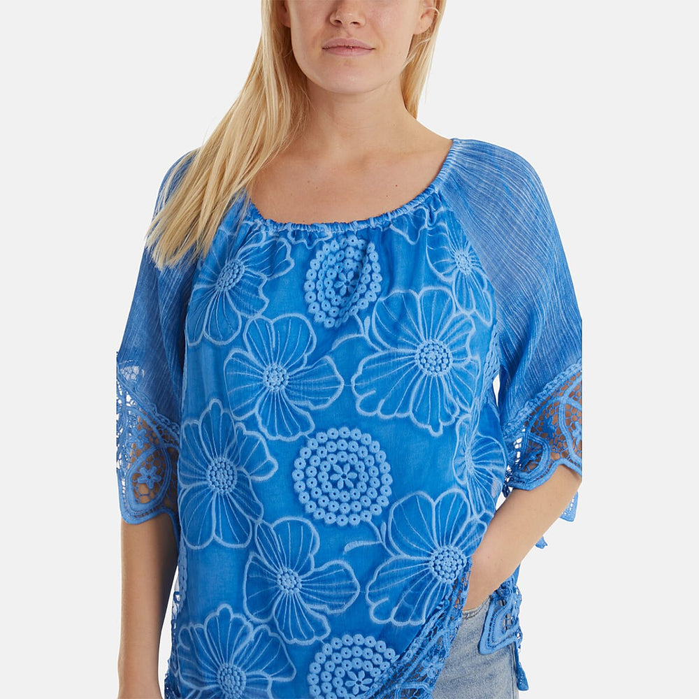 WildFlower Bardot Cold Wash Floral Off Shoulder Lace Tunic Top(Size S-M) - Aqua
