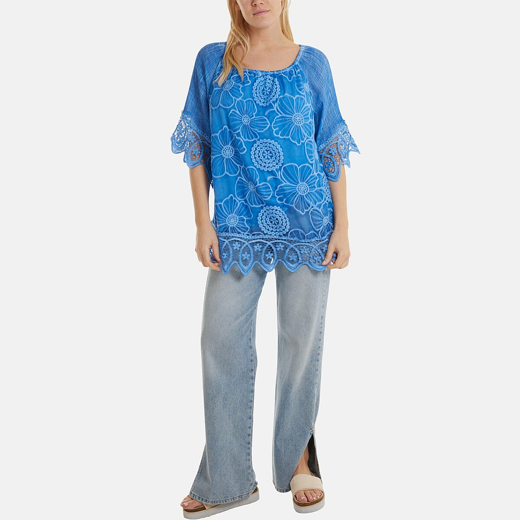 WildFlower Bardot Cold Wash Floral Off Shoulder Lace Tunic Top(Size S-M) - Aqua