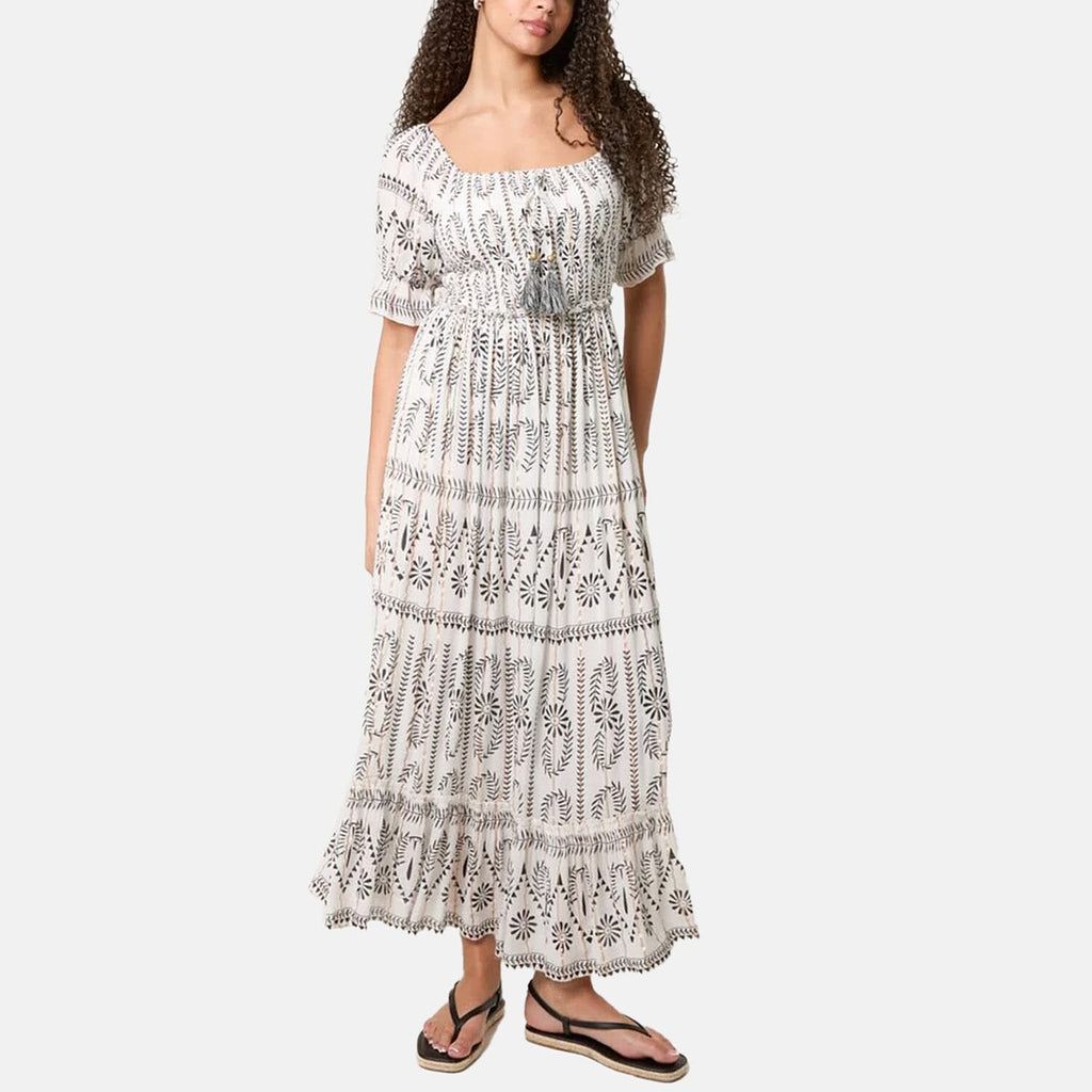 Chilli Charm Shirred Square Neck Midi Dress (Size - M-L) - Ivory