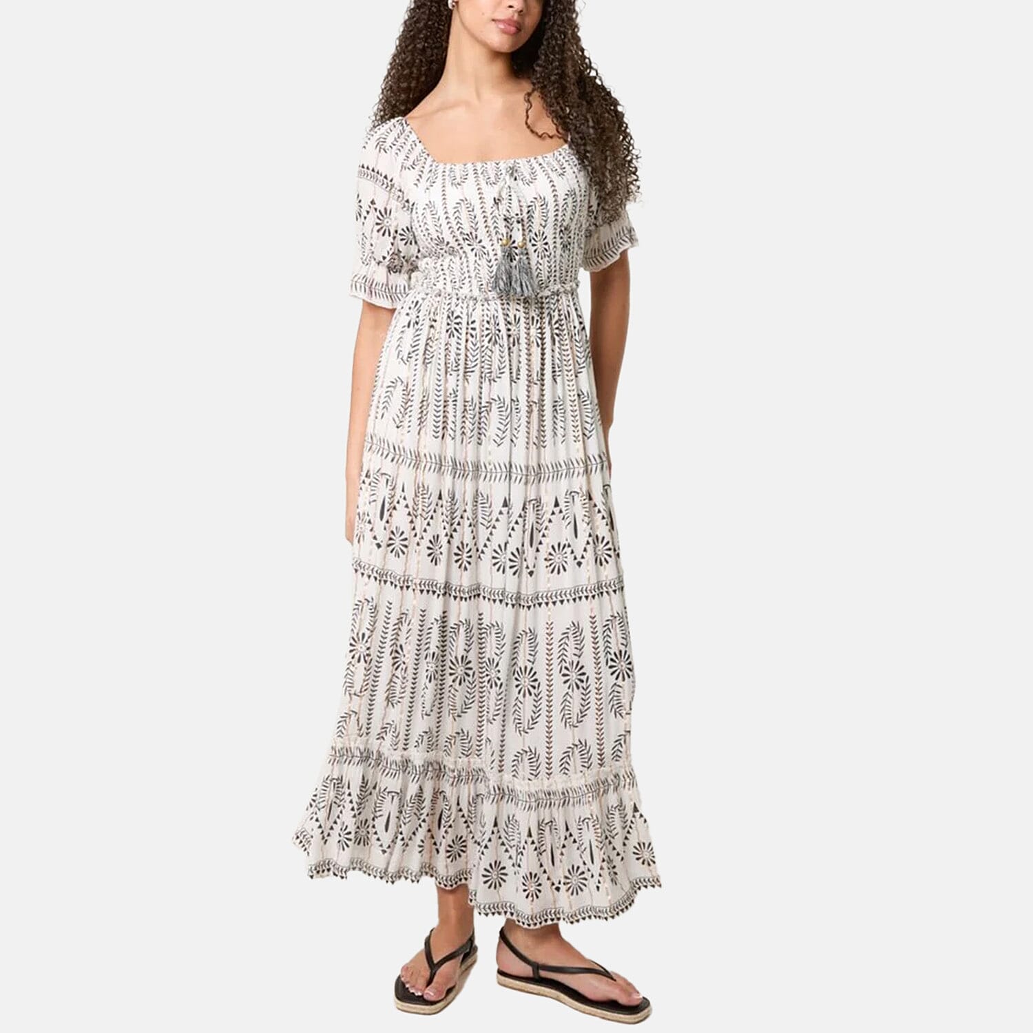 Chilli Charm Shirred Square Neck Midi Dress (Size - M-L) - Ivory