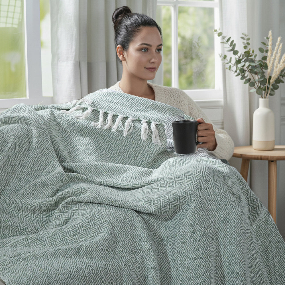 Hush Heaven 100% Soft Cotton Diamond Weaved Throw Blanket (200x150cm) - Sage Green